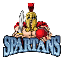 A Spartan or Trojan warrior Cricket sports mascot holding a ball