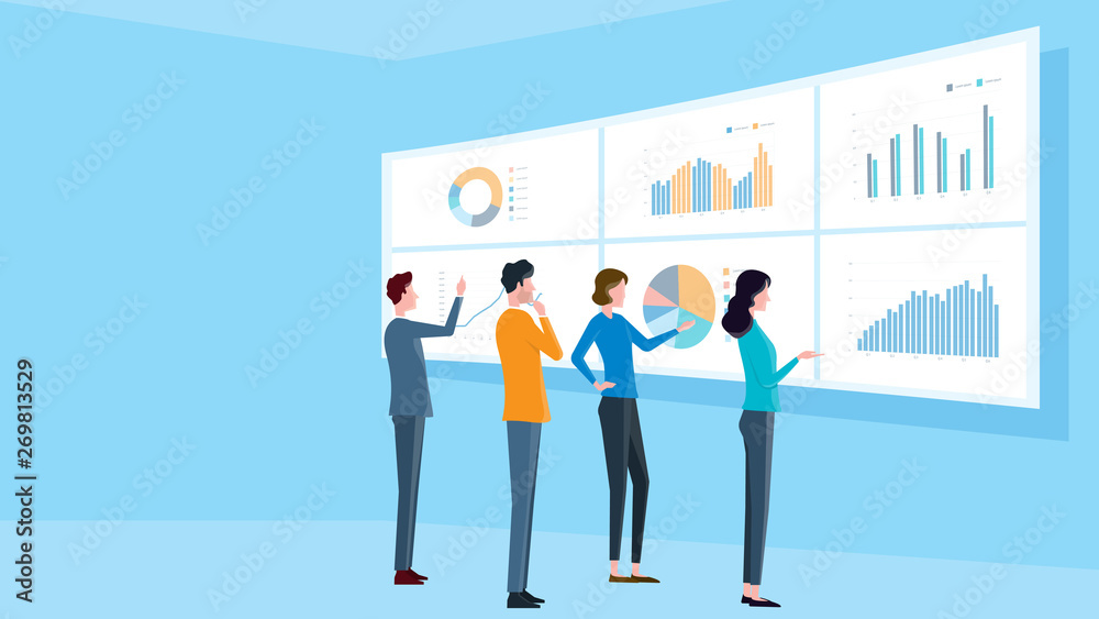 Poster flat illustrations design concept business finance investment and business team on monitor graph das
