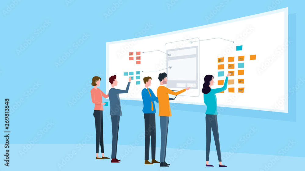 Poster group business team meeting and mobile application and web design  brainstorming process concept 