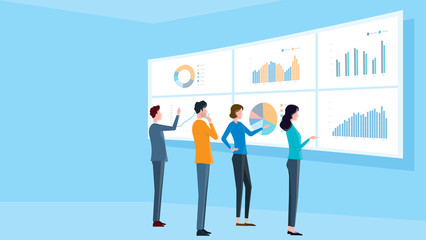flat illustrations design concept business finance investment  and business team on monitor graph dashboard