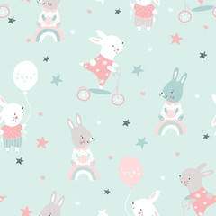 Obraz na płótnie Canvas Creative childish seamless pattern with cute rabbits