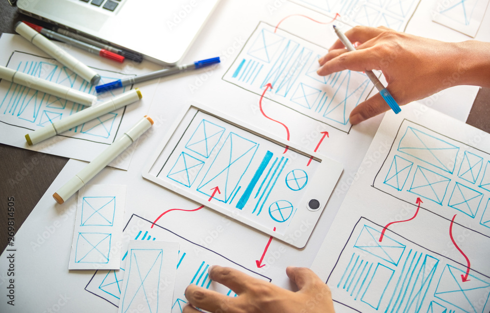Poster ux graphic designer creative sketch planning application process development prototype wireframe for