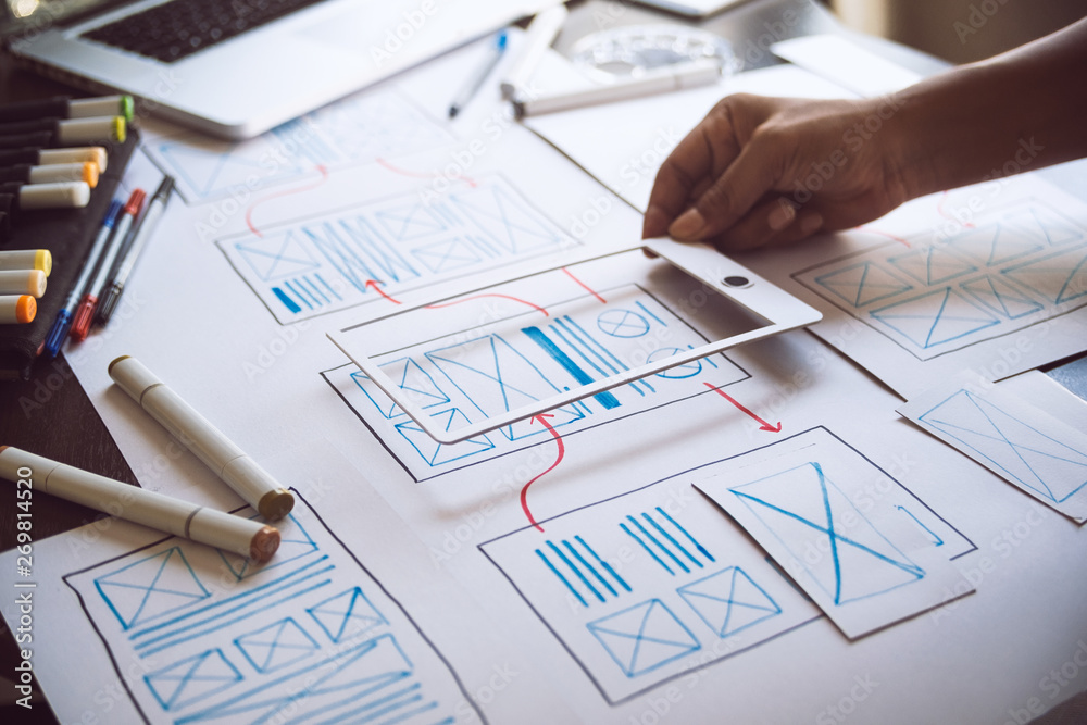 Poster ux graphic designer creative sketch planning application process development prototype wireframe for