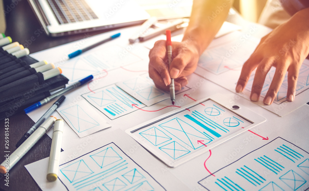 Poster ux graphic designer creative sketch planning application process development prototype wireframe for