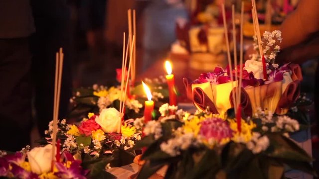 Thai banana leave and flower loy krathong floating sell at shop famous Thailand festival