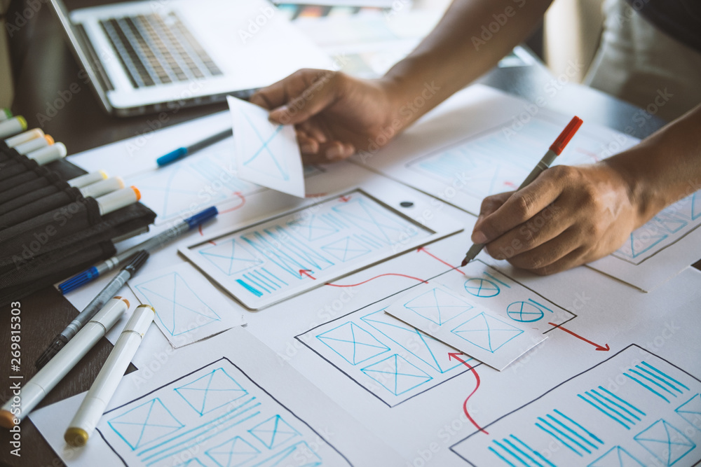 Poster ux graphic designer creative sketch planning application process development prototype wireframe for