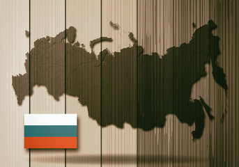 Russia map and flag of Russia, wooden background.