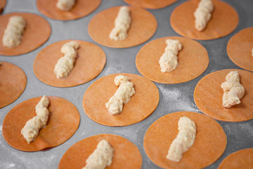 The process of making  ravioli on a metal table, collored pasta with chicken