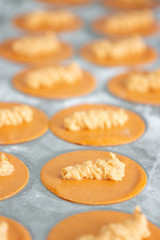 The process of making  ravioli with chicken on a metal table, collored Italian fresh pasta