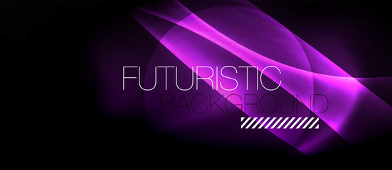 Dark background with neon color waves, vector template