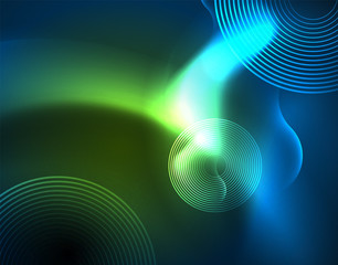 Fototapeta premium Neon glowing wave lines, blue hi-tech futuristic abstract background template