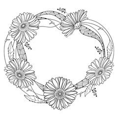 Round wreath with outline Gerbera or Gerber flower and leaf in black isolated on white background.