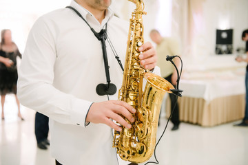 Naklejka premium The musician plays the saxophone indoors close-up. The saxophonist plays the saxophone at the event close-up.