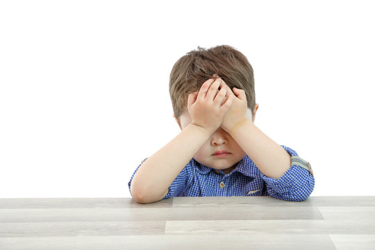 little cute boy with different emotions on face on isolated background