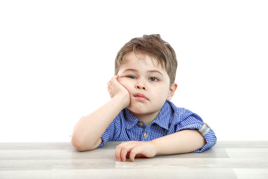 little cute boy with different emotions on face on isolated background