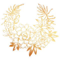 Fototapeta na wymiar Garland and wreath of golden flowers; hand drawn illustration isolated on white background.