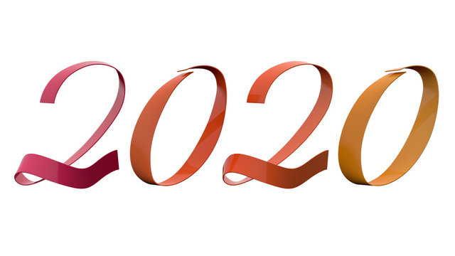2020 New Year Digits Analogy Colors 15 Degrees Purple Orange Yellow Glossy Metallic Ribbon Title 3D Render In 8K Resolution Isolated on White Background ..