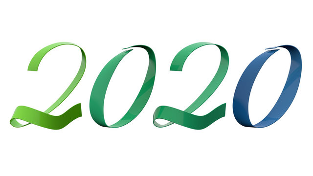 2020 New Year Digits Analogy Colors 195 Degrees Green And Blue Glossy Metallic Ribbon Title 3D Render In 8K Resolution Isolated on White Background ..