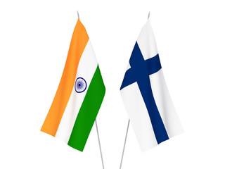 National fabric flags of Finland and India isolated on white background. 3d rendering illustration.
