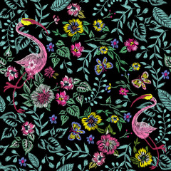 Embroidery seamless floral neckline pattern with flowers, butterfly and flamingo.