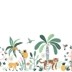 Fototapeta na wymiar Wild nature vector color horizontal seamless pattern. Jungle fauna, rainforest background. Flying colibri, tiger and monkey. Exotic plants. Decorative animal textile, wallpaper, wrapping paper design