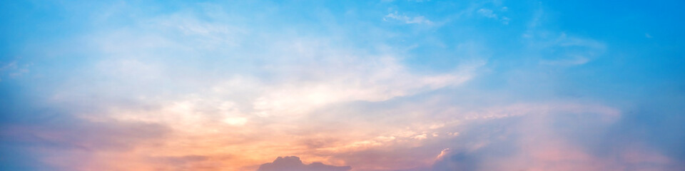 Dramatic panorama sky with cloud on sunrise and sunset time. Panoramic image. - obrazy, fototapety, plakaty