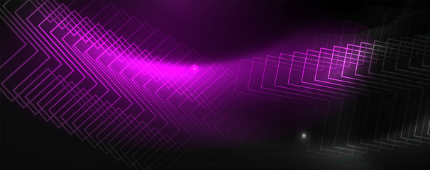 Shiny neon techno template. Neon lines background, 80s style laser rays