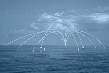 Network and connection technology concept yacht in open sea. Global network concept on sea. Yacht on the sea horizon, seascape. Toning