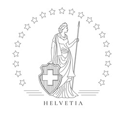 personified symbol of Switzerland called Helvetia, graphic illustration in line tehnique