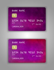 Bank card set template. Abstract triangles. Color gradient Rose, red