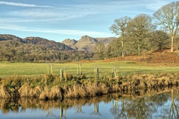 A view of The langdale Pikes with Elterwater.