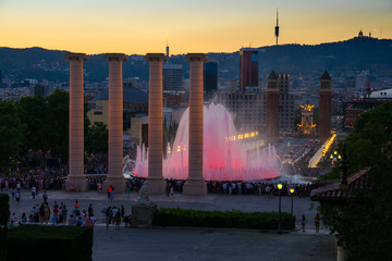 Evening view of Magic Fountain Montjuic, Barcelona, Catalonia, Spain - obrazy, fototapety, plakaty