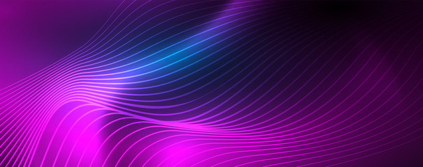 Smooth wave lines on blue neon color light background. Glowing abstract wave on dark, shiny motion, magic space light