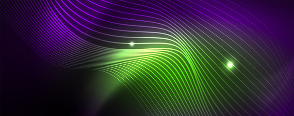 Neon vector wave lines abstract background, magic futuristic techno design