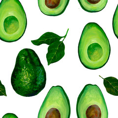 Avocado seamless pattern for print, fabric and organic, vegan, raw products packaging. Texture for eco and healthy food. Hand-drawing with acrylic paints, textured brush strokes. White background.