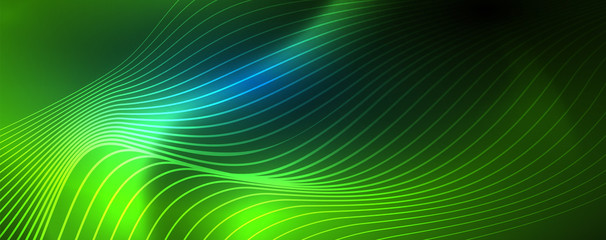 Smooth wave lines on blue neon color light background. Glowing abstract wave on dark, shiny motion, magic space light