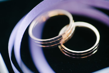 Wedding rings close-up macro shot. Rings of the bride and groom