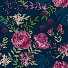 Embroidery trend floral seamless pattern with roses, violets and flowers - 269820937