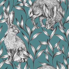 Beautiful vintage seamless pattern. Pencil sketch of hares and ornamental plants. Graphic drawing on a blue background. Wild animals and plants. Bunny wallpaper. © Olga Sayuk