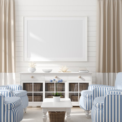 Mock up frame in home interior background, coastal style living room with marine decor, 3d render