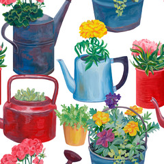 Hand drawn acrylic paint vintage seamless pattern. Old household things are filled with garden flowers and plants on a white background. Flowers in unusual pots. Marigolds, lobelia, begonia and others