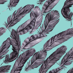 Seamless pattern with painted feathers. Vintage pencil hand drawn illustration of natural elements. 