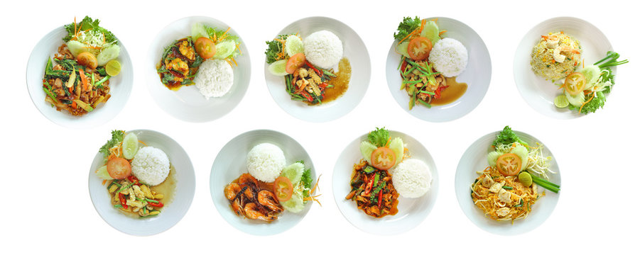 Top view of asian menu food, Pad thai, fried noodle and steamed rice isolated on white background. This image stacked with clipping path for advertising. ideas concept.