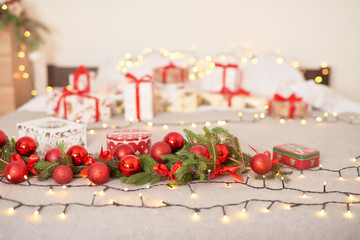 Postcard template, Christmas decorations in the bedroom, gifts, Christmas balls and garlands