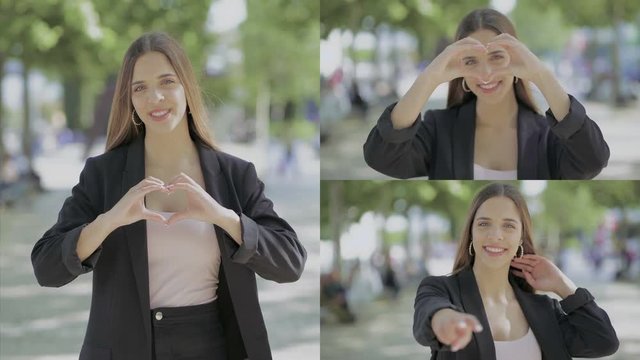 Collage of pretty Caucasian blonde girl in rose T-shirt and black jacket being outside, looking at camera, smiling, showing victory and love sign, correcting hair. Lifestyle concept