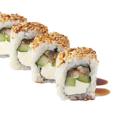 Japanese raw classic sushi rolls with rice fish cheese. isolated