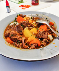 Authentic traditional Hungarian home made goulash for dinner in Europe with spices and paprika