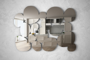 Fototapeta na wymiar Modern mirror in the shape of pebbles hanging on the wall reflecting interior design scene, bright white and kitchen with sink, minimalist architect designer concept idea