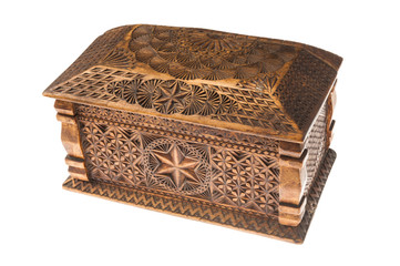 carved wooden box on white