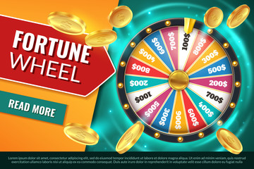 Wheel fortune. Lucky jackpot winner text banner, casino prize spinning roulette. Game win chance circle gambling vector background